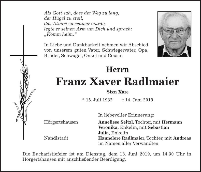 Traueranzeige Franz Xaver Radlmaier