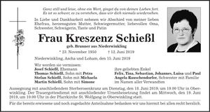 Traueranzeige Kreszenz Schießl