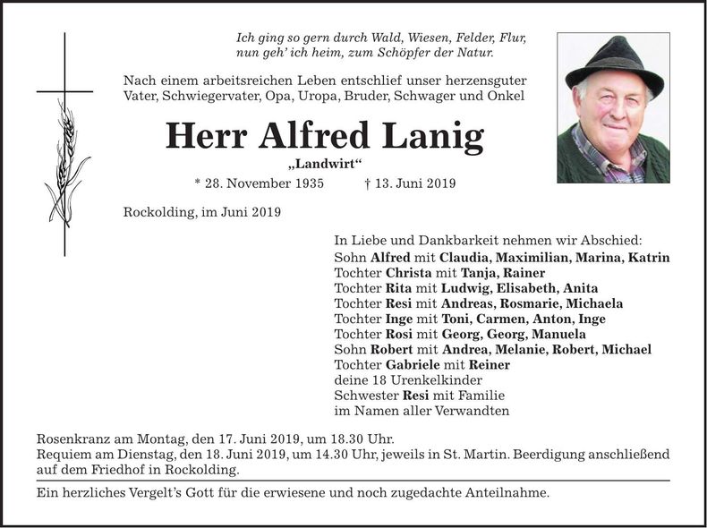 Traueranzeige Alfred Lanig