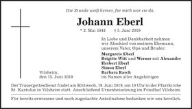 Traueranzeige Johann Eberl