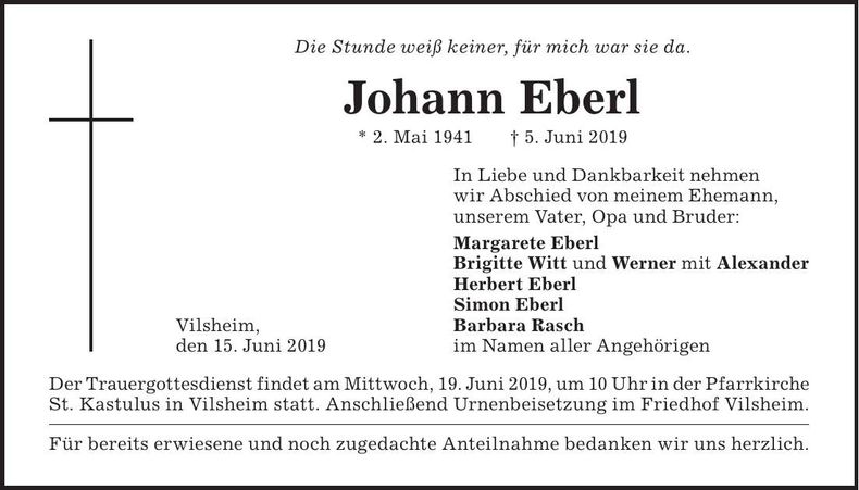 Traueranzeige Johann Eberl