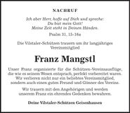 Traueranzeige Franz Mangstl