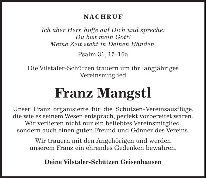 Traueranzeige Franz Mangstl