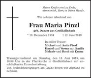 Traueranzeige Maria Pinzl