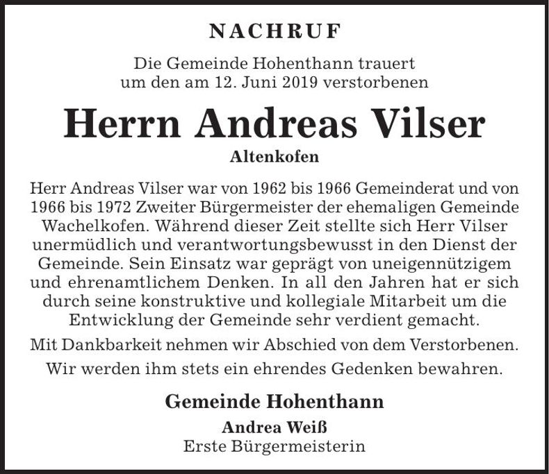 Traueranzeige Andreas Vilser