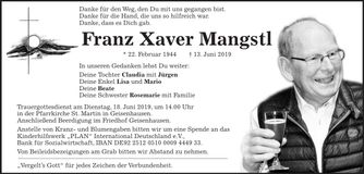 Traueranzeige Franz Xaver Mangstl