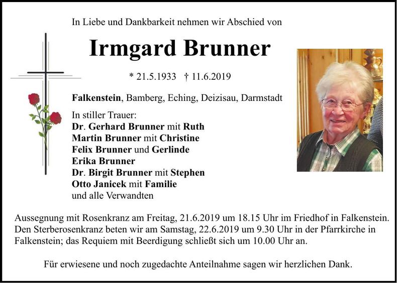 Traueranzeige Irmgard Brunner