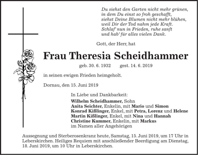 Traueranzeige Theresia Scheidhammer