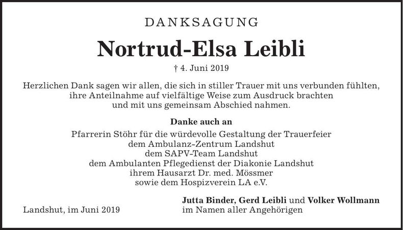 Traueranzeige Nortrud-Elsa Leibli