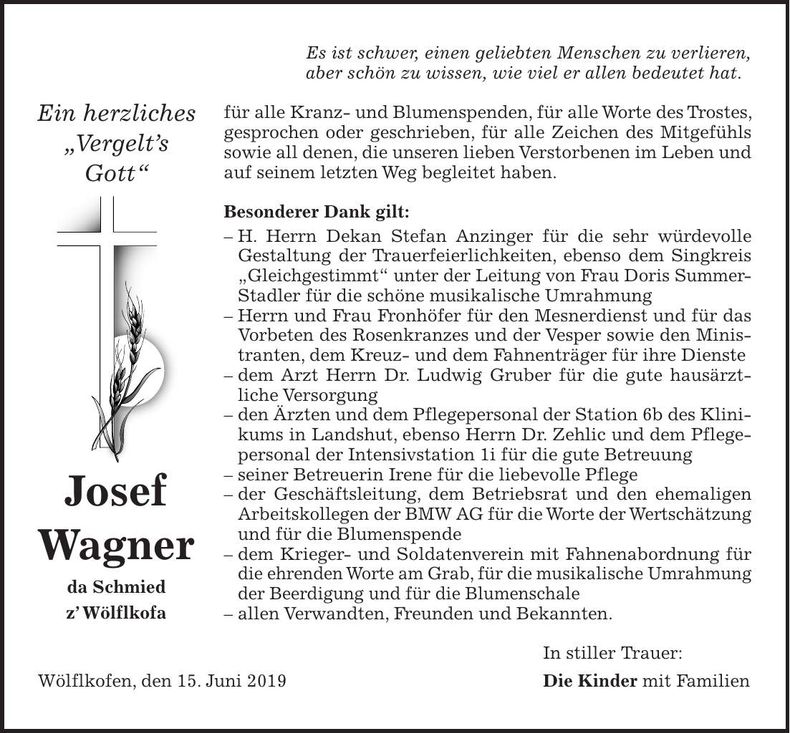 Traueranzeige Josef Wagner