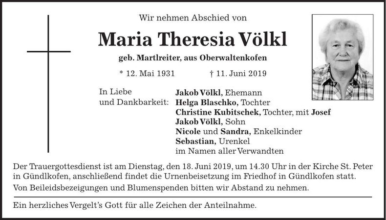 Traueranzeige Maria Theresia Völkl