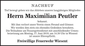 Traueranzeige Maximilian Peutler