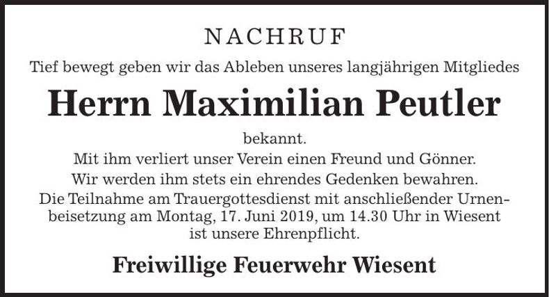 Traueranzeige Maximilian Peutler