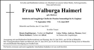Traueranzeige Walburga Haimerl