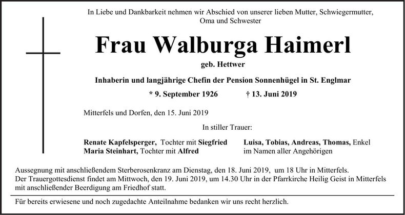 Traueranzeige Walburga Haimerl