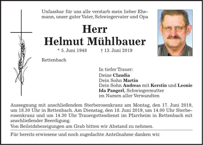 Traueranzeige Helmut Mühlbauer