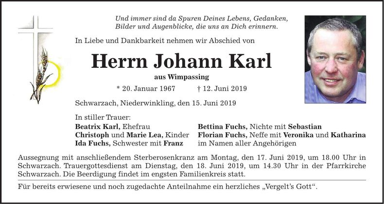 Traueranzeige Johann Karl