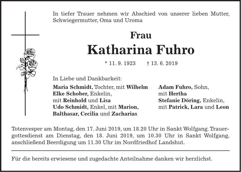 Traueranzeige Katharina Fuhro