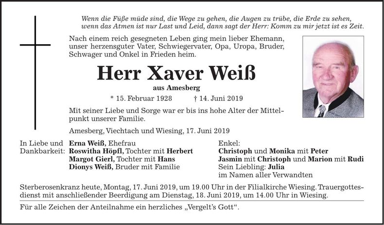 Traueranzeige Xaver Weiß