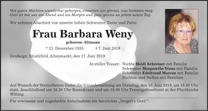 Traueranzeige Barbara Weny