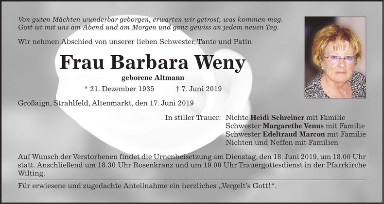 Traueranzeige Barbara Weny