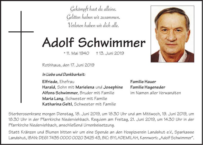 Traueranzeige Adolf Schwimmer