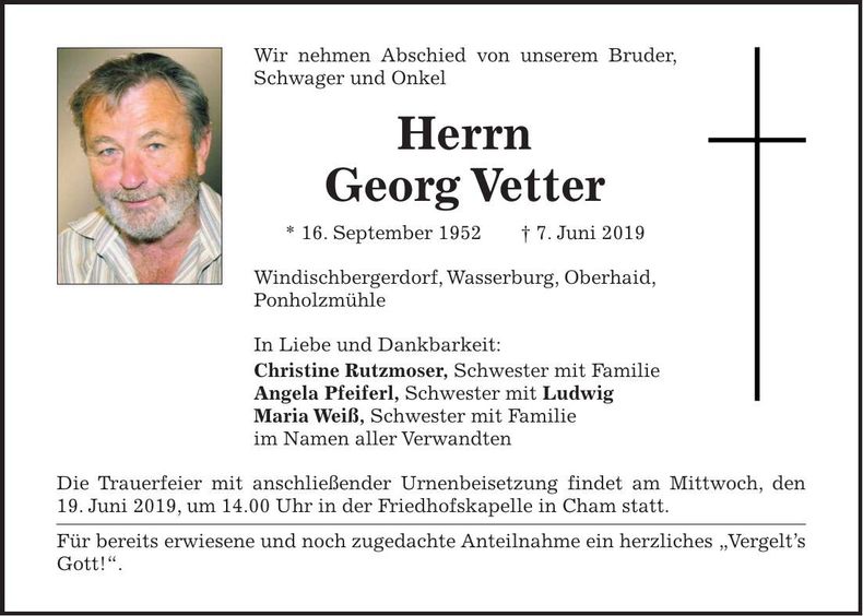 Traueranzeige Georg Vetter