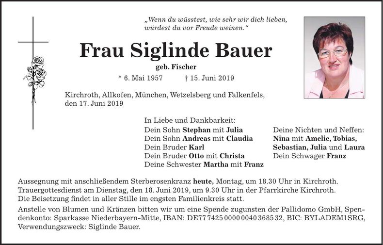 Traueranzeige Siglinde Bauer