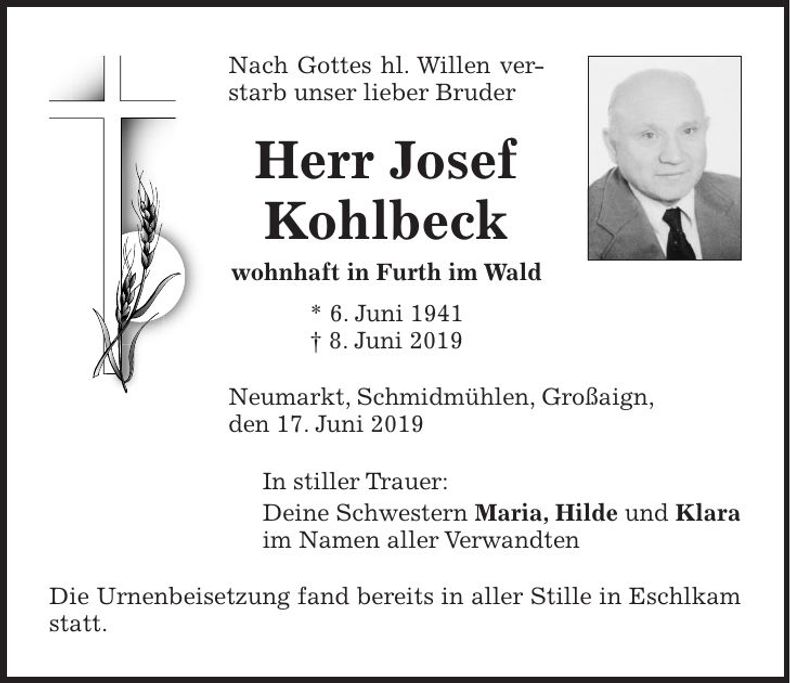 Traueranzeige Josef Kohlbeck