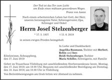 Traueranzeige Josef Stelzenberger