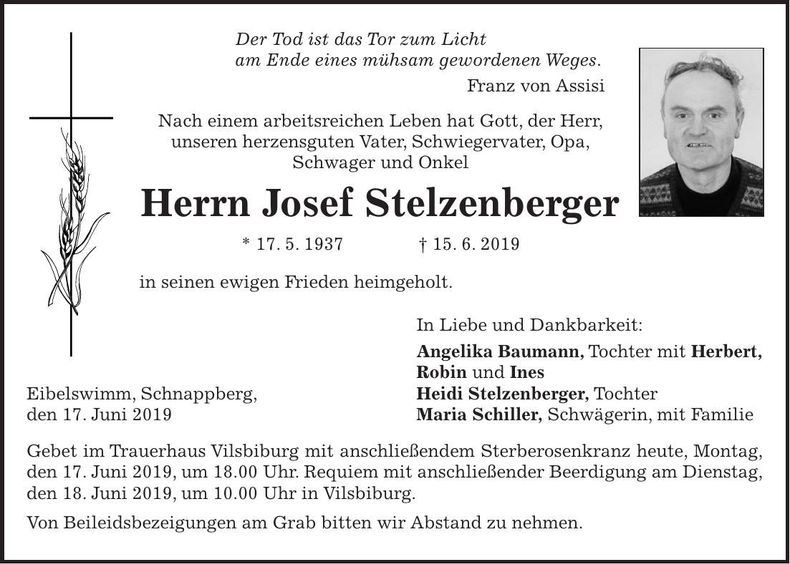 Traueranzeige Josef Stelzenberger