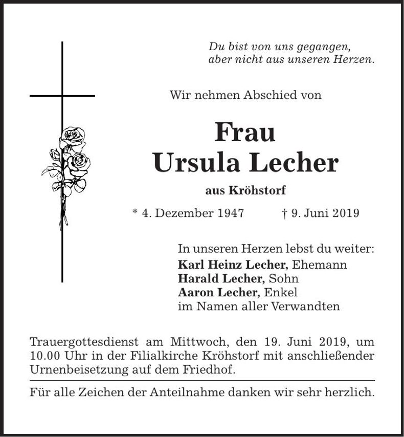 Traueranzeige Ursula Lecher