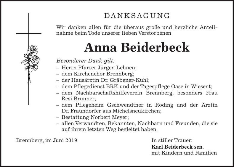 Traueranzeige Anna Beiderbeck