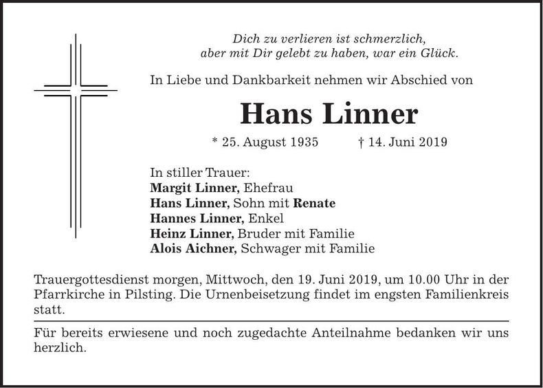 Traueranzeige Hans Linner