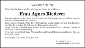 Traueranzeige Agnes Riederer