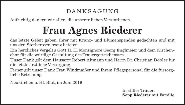 Traueranzeige Agnes Riederer