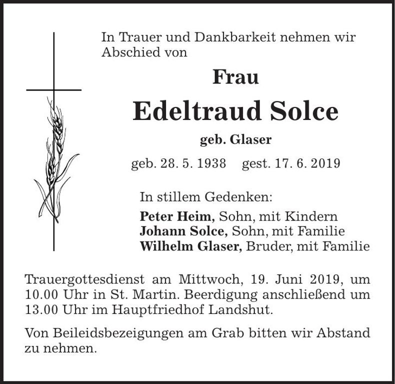 Traueranzeige Edeltraud Solce