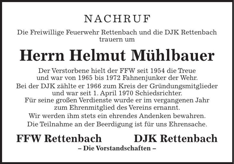 Traueranzeige Helmut Mühlbauer