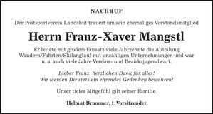 Traueranzeige Franz-Xaver Mangstl