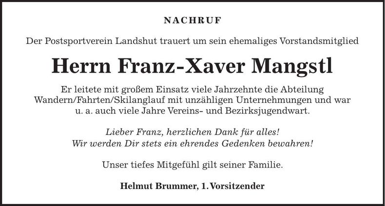 Traueranzeige Franz-Xaver Mangstl