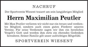 Traueranzeige Maximilian Peutler