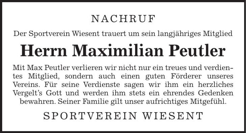 Traueranzeige Maximilian Peutler