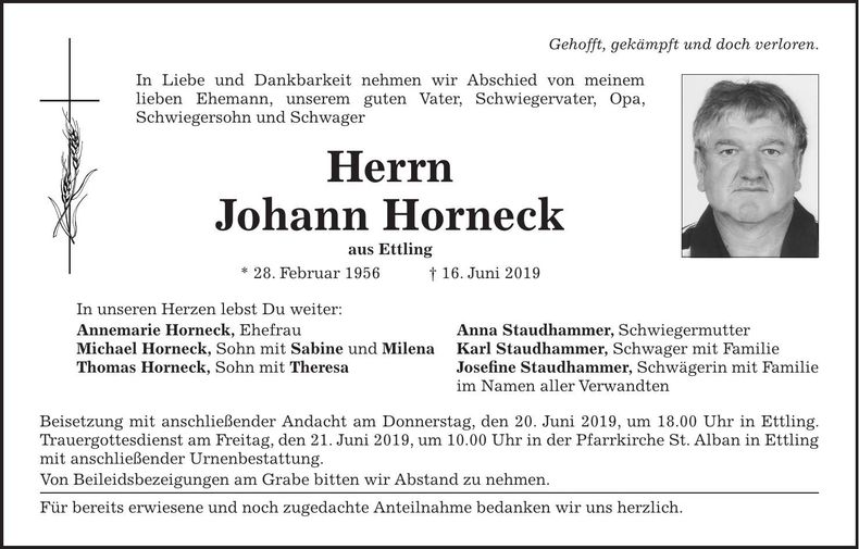 Traueranzeige Johann Horneck