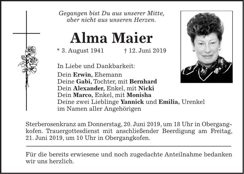 Traueranzeige Alma Maier
