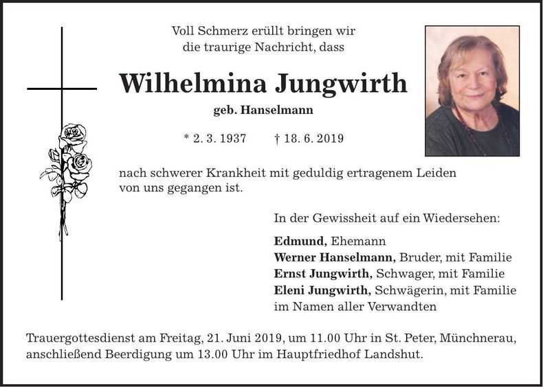 Traueranzeige Wilhelmina Jungwirth