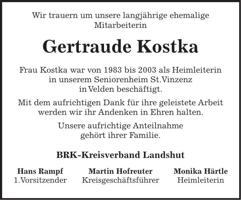 Traueranzeige Gertraude Kostka