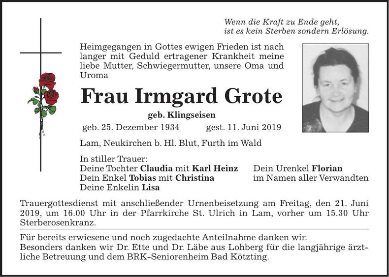 Traueranzeige Irmgard Grote