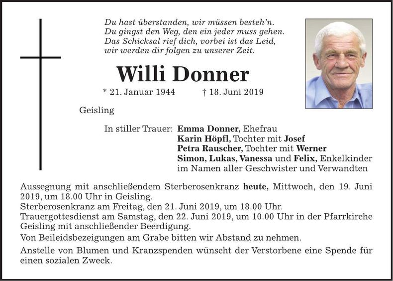 Traueranzeige Willi Donner