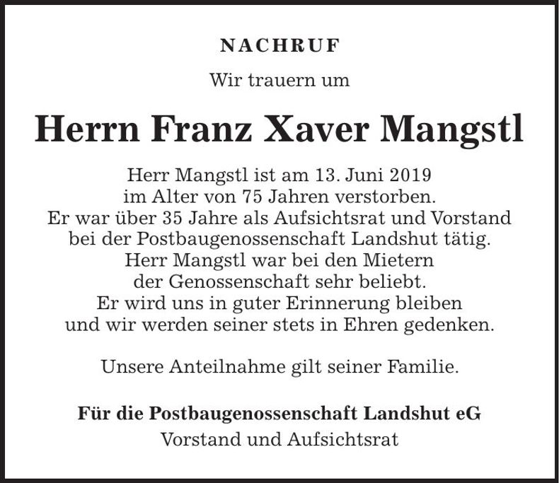 Traueranzeige Franz Xaver Mangstl