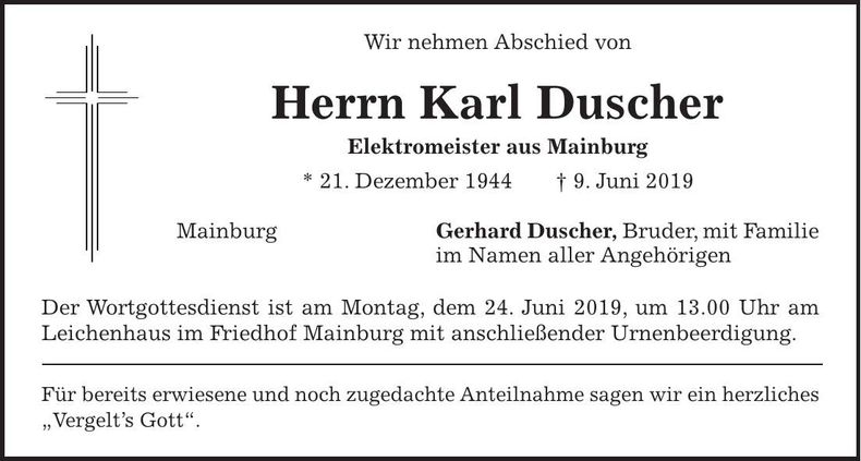 Traueranzeige Karl Duscher